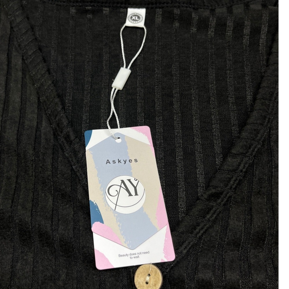 Askyes Ribbed Button Front‎ Womens Cardigan XL Black Pockets - Picture 3 of 11